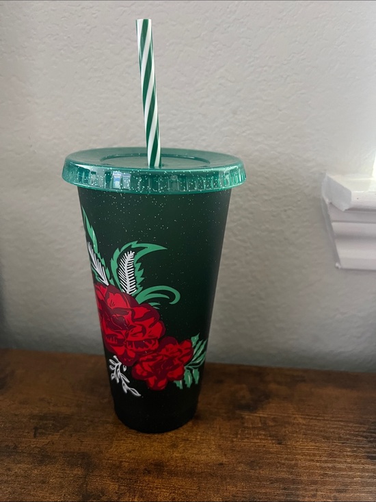 Starbucks Other - Starbucks Dark Green Floral Travel Cup with Red Roses Plastic